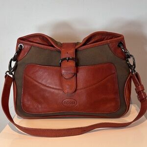 Rossi Brown leather and olive canvas flap Shoulder Bag NWOT